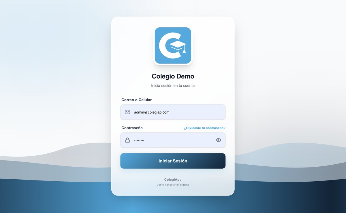 Acceso web de otra escuela en ColegiApp: tarjeta de inicio de sesion centrada con su logo, sobre un fondo de ondas azules