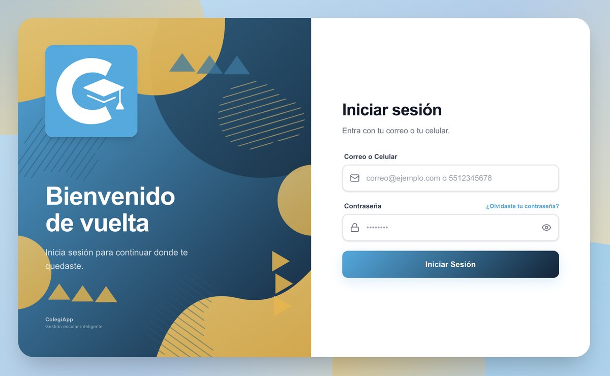 Acceso web de una escuela en ColegiApp: panel lateral con su logo sobre formas azules y doradas, y el formulario de inicio de sesion a la derecha