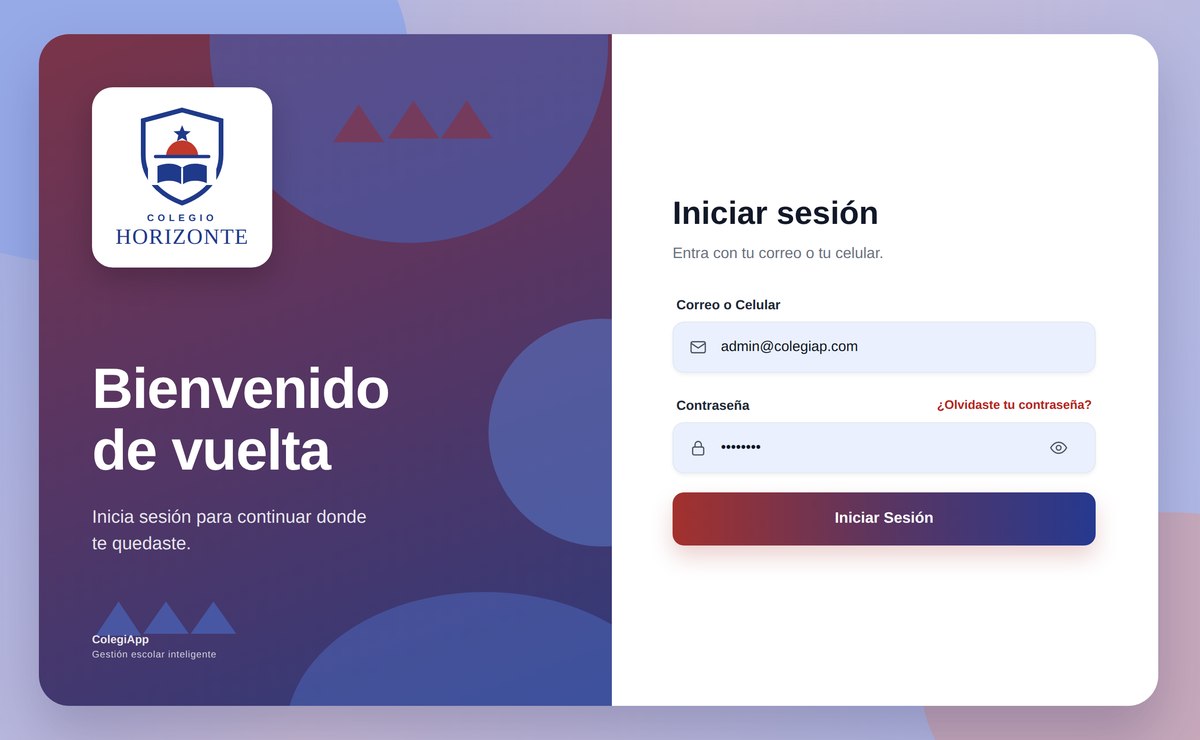 Acceso web del Colegio Horizonte en ColegiApp: su escudo sobre un panel en vino y azul marino, con el formulario de inicio de sesion a la derecha