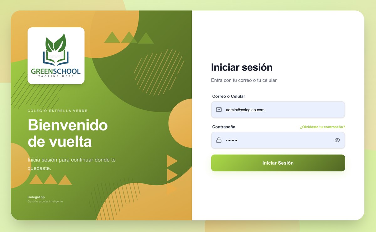 Acceso web del Colegio Estrella Verde en ColegiApp: su logotipo sobre un panel en verde y ambar, con el formulario de inicio de sesion a la derecha